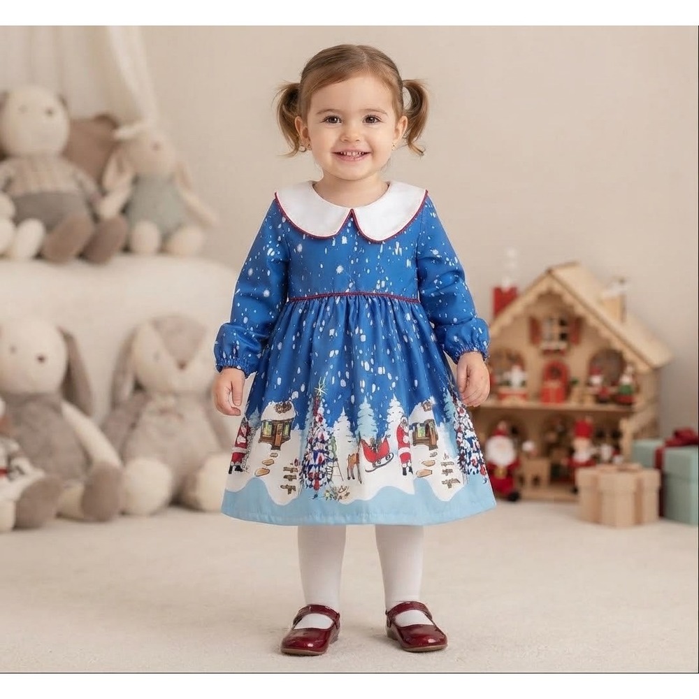 BaaBee Toddler Girls Christmas Dress 2T Blue Santa Reindeer Peter Pan Collar